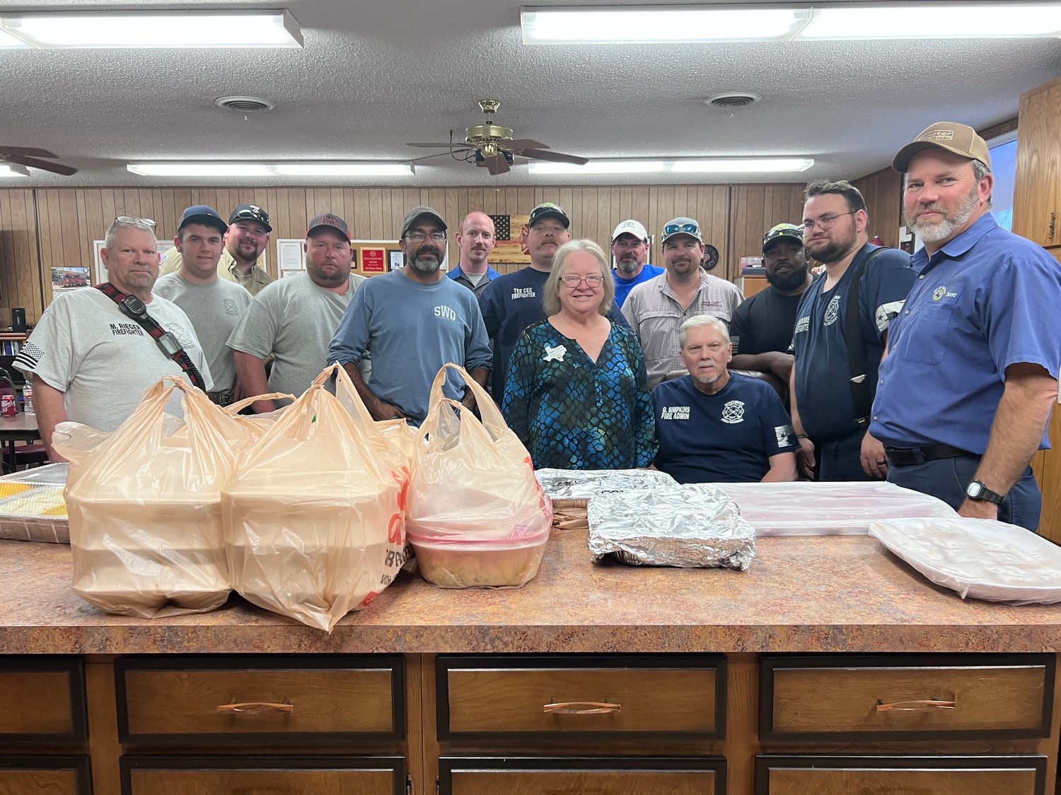 Members of Flora Masonic Lodge 119 and Quitman Chapter 695 Order of the Eastern Star honored first responders in a joint appreciation spaghetti dinner Tuesday, March 14 and delivered to those on duty. Among those taking part were volunteer firefighters, from left, Mitch Rieger, Marcus Pollard, Cotton Otto, Jason Gallander, Santiago Martinez, Eric Englehardt, Tee Cee Brewer, OES Worthy Matron Margaret Turrentine, Junior Stovall, August Walters, Gary Simpkins, Jeremy Everette, Glen Moore and Chief Scott Wheeler.